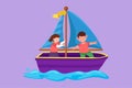 Cartoon flat style drawing cheerful little boy and girl in sailboat together. Happy kids sailing boat at small lake. Children on Royalty Free Stock Photo