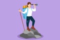 Cartoon flat style drawing cheerful traveler woman with a big backpack stands on the mountain and looks at the binocular. Pretty