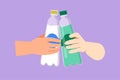 Cartoon flat style drawing cheers with bottle. Healthy couple cheering with fresh water bottle after successful workout training