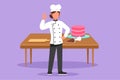 Cartoon flat style drawing chef standing with okay gesture and cooking uniform prepares ingredients to cook best dishes. Beautiful Royalty Free Stock Photo