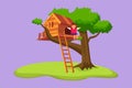 Cartoon flat style drawing of child on tree house. Pretty little girl playing on children playground. Treehouse with wooden ladder Royalty Free Stock Photo