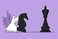 Cartoon flat style drawing competitive Arabian businessman push huge knight chess piece to beat king. Business strategy, marketing Royalty Free Stock Photo