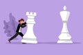 Cartoon flat style drawing competitive businesswoman push huge rook chess piece to beat king. Business strategy, marketing plan.