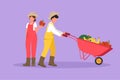 Cartoon flat style drawing couple farmers or gardeners. Man pushing wheelbarrow full of fruits, woman holding apple. Organic farm