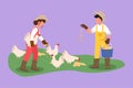 Cartoon flat style drawing couple farmers holding bucket of seeds and feeding chickens and hens. Countryside farming. Rural scene