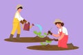 Cartoon flat style drawing couple farmers planting tree. Woman plant seeds and man holding watering can. Gardeners working in
