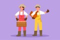 Cartoon flat style drawing of couple farmers standing with basket of hens eggs and chicken on poultry farm at summertime.