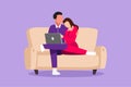 Cartoon flat style drawing cozy living room concept. Romantic young couple gently cuddle on couch and watch movie on their laptop