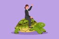 Cartoon flat style drawing cute businesswoman riding huge turtle. Slow movement to success, manager driving giant tortoise.