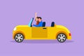 Cartoon flat style drawing of cute elegant couple on road trip in vintage retro car. Happy man and beautiful woman in vehicle.