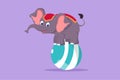 Cartoon flat style drawing a cute elephant stands on the ball with all fours awaiting further instructions from the trainer. Good