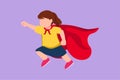 Cartoon flat style drawing cute super girl. Pretty little girl dressed as super hero flying in traditional heroic pose, stretching