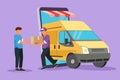 Cartoon flat style drawing delivery box car comes out partly from giant smartphone screen. Male courier gives package box to male