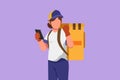 Cartoon flat style drawing deliverywoman holding smartphone for finding address with celebrate gesture, carry package box,