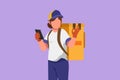 Cartoon flat style drawing deliverywoman holding smartphone for finding address with okay gesture, carry package box to be