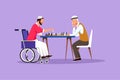 Cartoon flat style drawing disabled Arab man in wheelchair plays chess with friend. People on social adaptation, hobby, tolerance