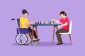 Cartoon flat style drawing disabled woman in wheelchair plays chess with friend. People on social adaptation, hobby, tolerance,