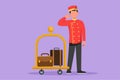 Cartoon flat style drawing doorman standing with call me gesture and full of trolley bag with suitcase. Male porter working with