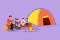 Cartoon flat style drawing of family fun at summer camping spending time together. Dad playing guitar and sing a song with son.