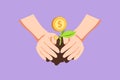 Cartoon flat style drawing farmer hands growing young money tree logo, icon, symbol. Money tree investment growth income interest Royalty Free Stock Photo