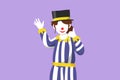 Cartoon flat style drawing female clown hand say hi and the other hand with call me gesture. Wearing hat and smiling face makeup. Royalty Free Stock Photo