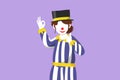 Cartoon flat style drawing of female clown hand say hi and the other hand with okay gesture. Wearing hat and smiling face makeup. Royalty Free Stock Photo