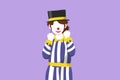 Cartoon flat style drawing female clown standing with celebrate gesture wearing hat and smiling face makeup. Entertain children Royalty Free Stock Photo