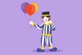 Cartoon flat style drawing female clown standing and holding balloon with call me gesture, wearing hat and clown costume ready to Royalty Free Stock Photo