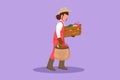 Cartoon flat style drawing female farmer carrying basket full of fruit in her hands. Abundant yields from plantations in the Royalty Free Stock Photo