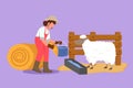Cartoon flat style drawing female farmer feed sheep with fresh grass to be healthy, produce best milk, meat, fleece. Livestock