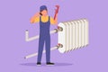 Cartoon flat style drawing of female plumber standing with call me gesture and holding carpentry tool ready to work fixing broken Royalty Free Stock Photo