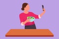 Cartoon flat style drawing female taking selfie or making video call using smartphone while platting fresh salad. Young woman