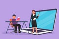 Cartoon flat style drawing of female teacher standing in front of laptop screen holding book and teaching male junior high school