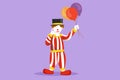 Cartoon flat style drawing funny clown standing and holding balloons with call me gesture, wearing hat and clown costume ready to Royalty Free Stock Photo