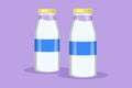Cartoon flat style drawing of glass bottle packaging of milk. Fresh milk, healthy food, kids health food nutrition. Happy day of