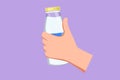Cartoon flat style drawing glass bottle packaging of milk in man hand. Fresh milk, healthy food, for kids health food nutrition.