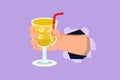 Cartoon flat style drawing hand holding glass with lemonade fruit juice through torn blue paper. Drink made of fresh lemon juice.