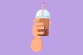 Cartoon flat style drawing hand holding plastic cup of famous Taiwanese bubble tea logo, symbol. Brown sugar flavor tapioca pearl
