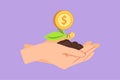 Cartoon flat style drawing hand holding sprout a money tree on nature field symbol. Money tree investment growth income interest Royalty Free Stock Photo
