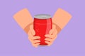 Cartoon flat style drawing hands holding metallic can with drink. Aluminum canned drink without labels. Beverages in metal