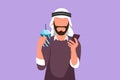 Cartoon flat style drawing handsome Arab man looking at mobile phone and holding glass of orange juice while having breakfast at