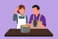 Cartoon flat style drawing handsome husband holding pan lid and his beauty wife tasting food using cooking spoon. Happy couple