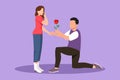 Cartoon flat style drawing handsome man on knee gives flowers to beauty woman. Young guy giving to girl rose flower for propose