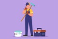 Cartoon flat style drawing handyman standing and holding long roll paintbrush with call me gesture and toolbox. Ready to home