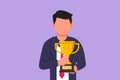 Cartoon flat style drawing happy businessman in suit and tie holding golden trophy with both hand in front of his chest. Winning Royalty Free Stock Photo