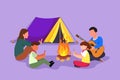 Cartoon flat style drawing happy camping hiking family warm their bodies around campfire tents. Dad playing guitar, mom and kids