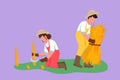 Cartoon flat style drawing happy couple farmers harvesting rice and there is also rice that has been tied up. Harvest season in