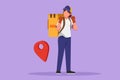 Cartoon flat style drawing happy deliverywoman standing with celebrate gesture and pin map icon. Carrying package box that