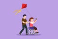 Cartoon flat style drawing of happy disabled child playing kite together. Adorable boy pushing little girl in wheel chair with Royalty Free Stock Photo