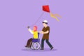 Cartoon flat style drawing happy disabled child playing together. Active Arabian boy pushing little girl in wheel chair with Royalty Free Stock Photo